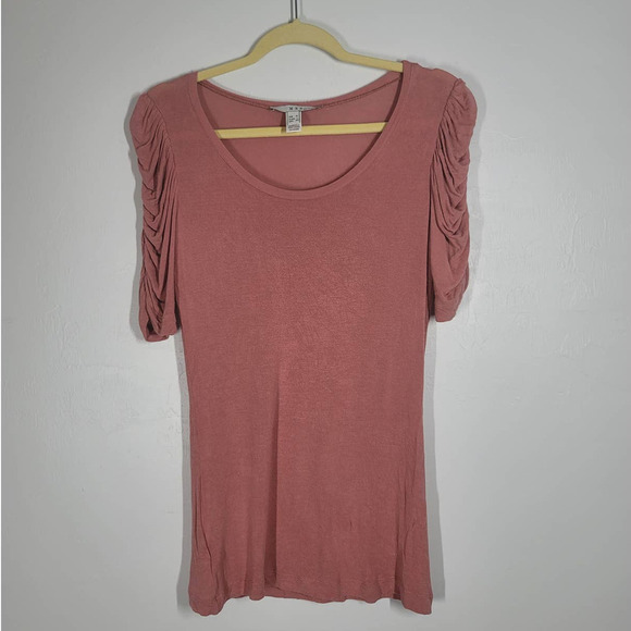 MNG By Mango Top Size XL Scoop Neck Cinched Short Sleeve Stretch Blouse Pink - Picture 1 of 7
